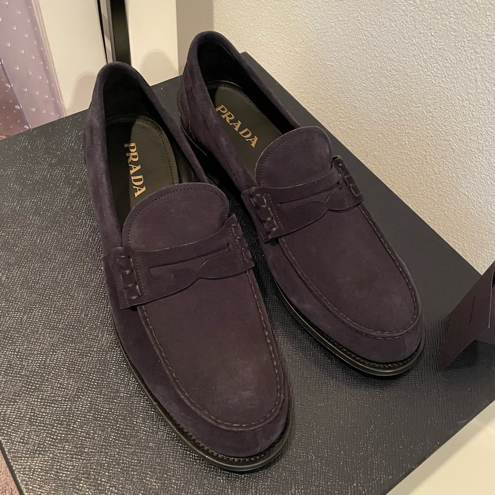 Authentic Brand New PRADA penny loafer shoes, blue suede, size 11 - Picture 2 of 7